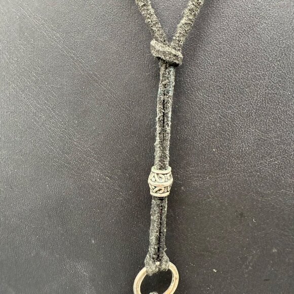 Handcrafted Black Beaded Long Pendant Necklace With Leather Cord & Silver Accent - Picture 4 of 6